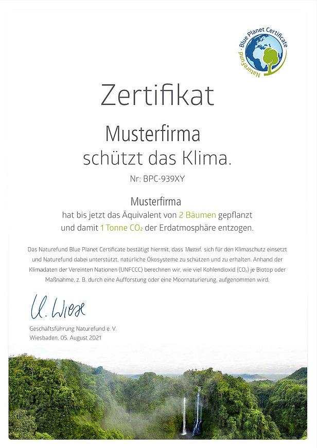 Zertifikat des Klimazertifikats Blue Planet Certificate, welches die kompensierte Menge an CO2 aufweist