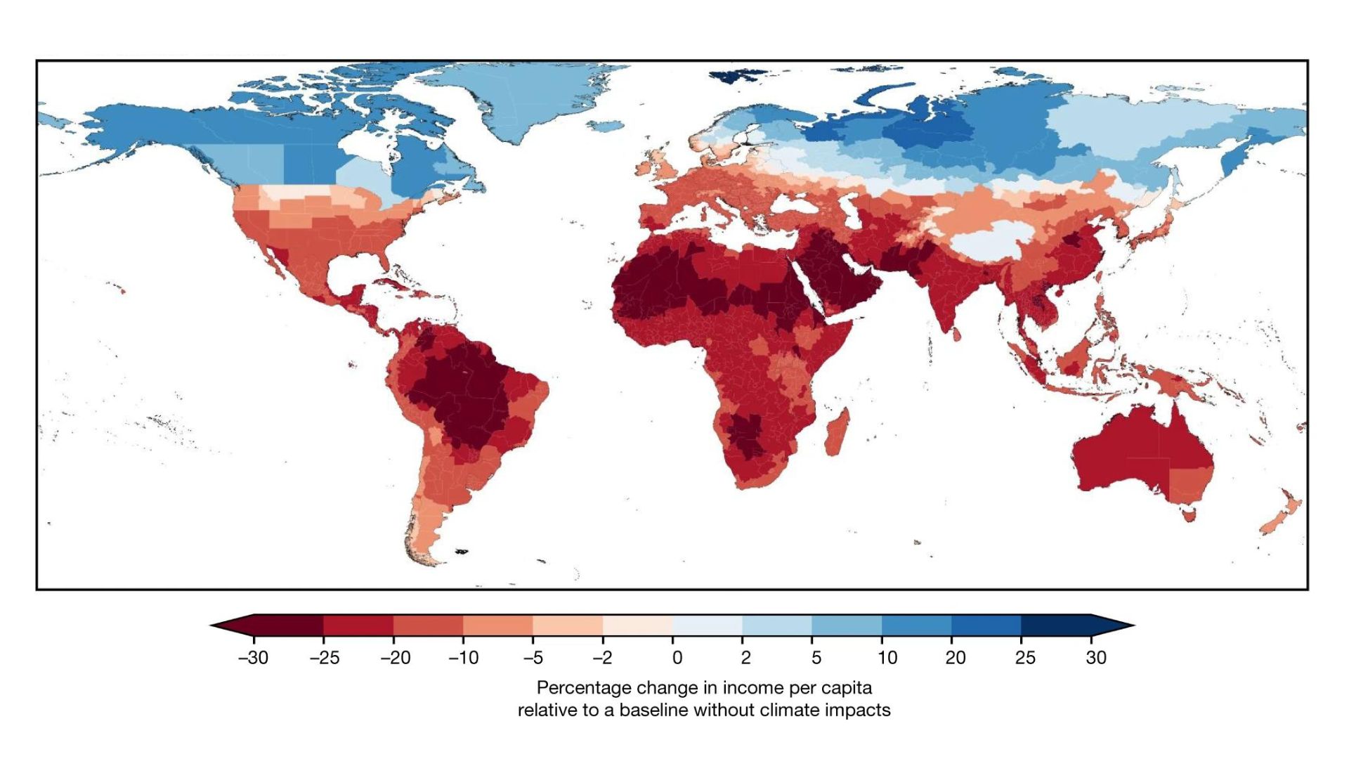 Prognostizierte Einkommensveränderungen im Jahr 2049 im Vergleich zu einer Wirtschaft ohne Klimawandel.