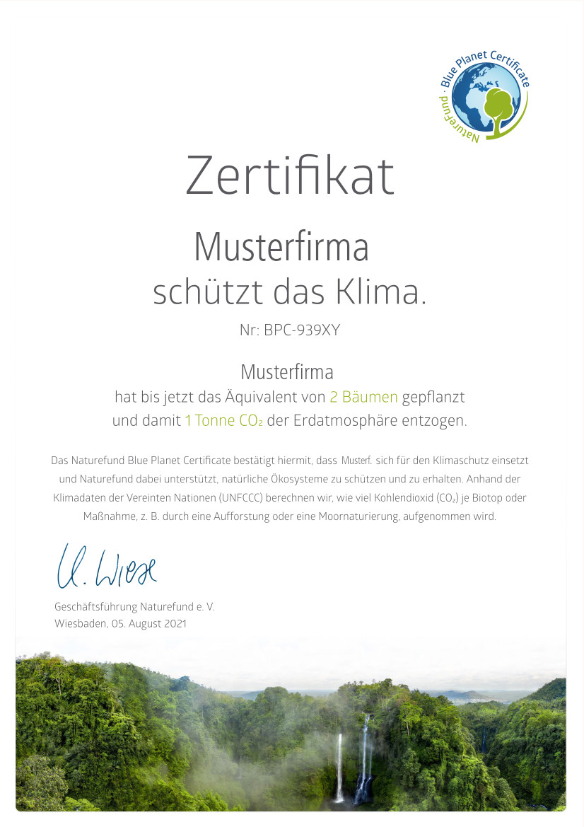 Zertifikat des Klimazertifikats Blue Planet Certificate, welches die kompensierte Menge an CO2 aufweist